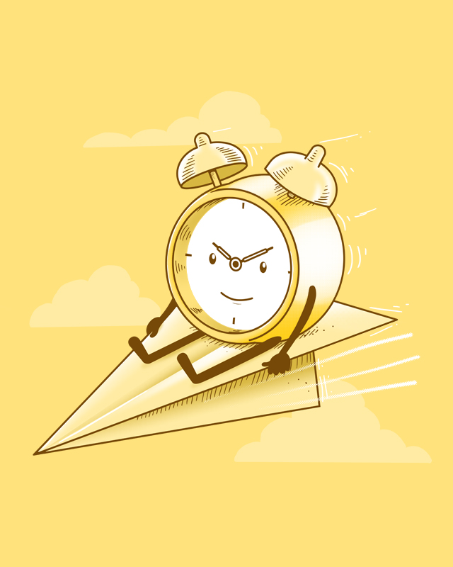 Illustration of a clock on a paper airplane